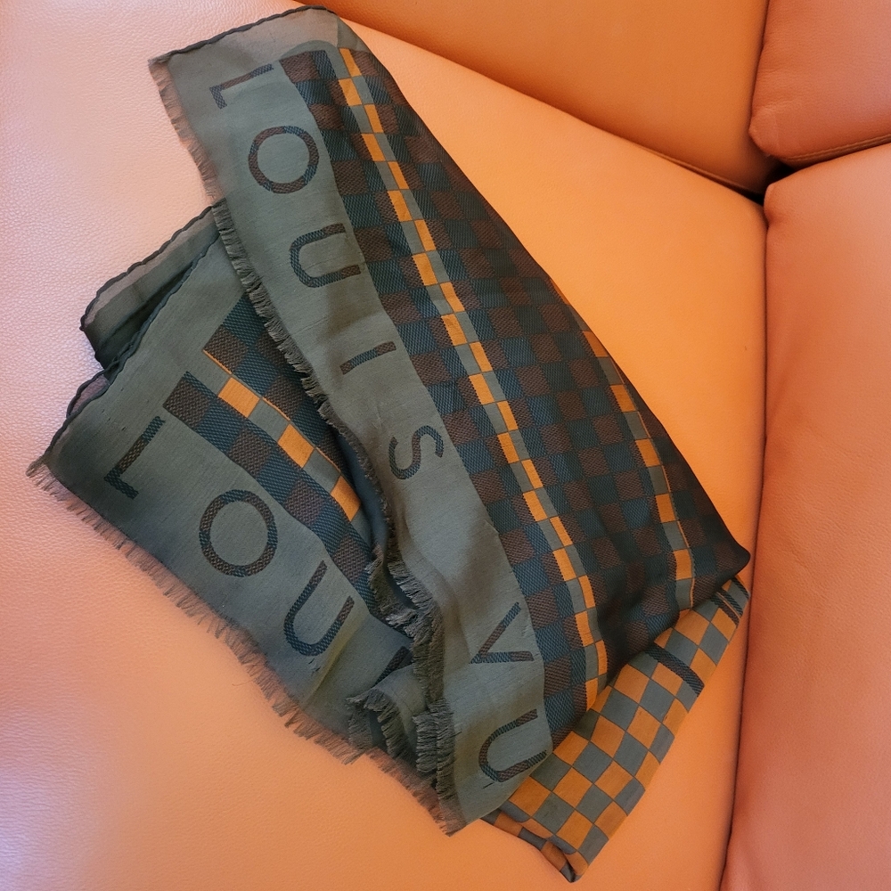 Louis Vuitton Red Checkered Chess Patterned Scarf 100% Silk.